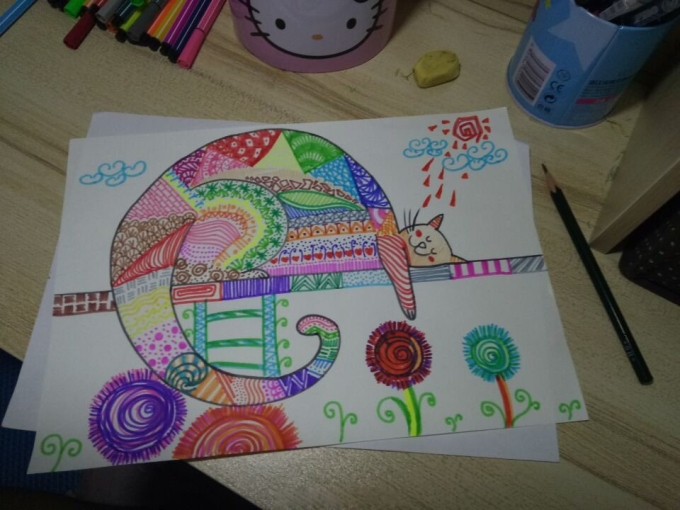 懒懒的睡觉的小猫_线描画